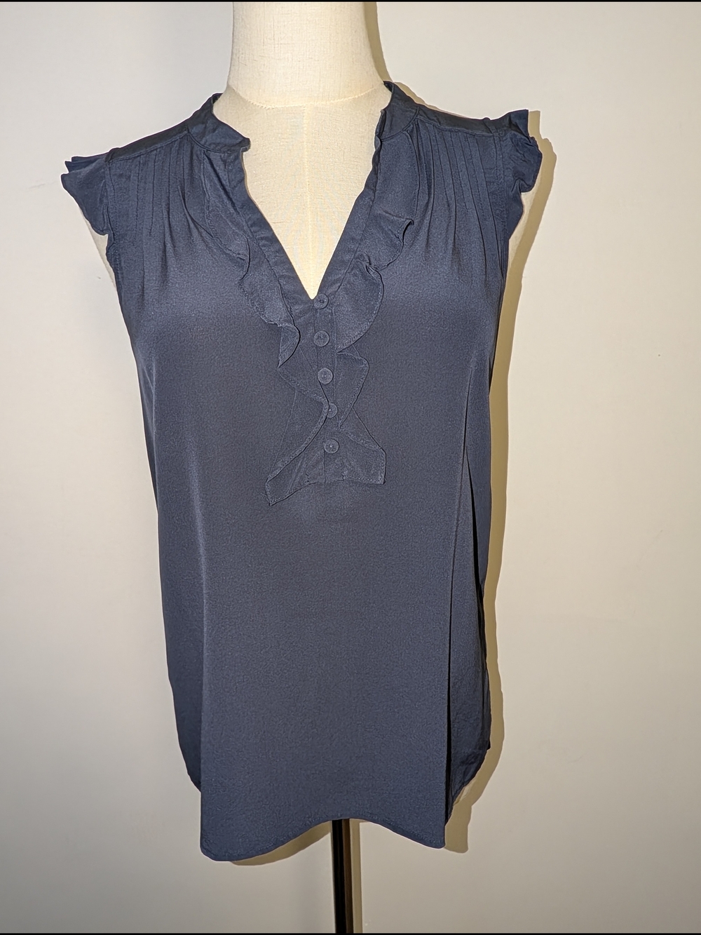 Theory Navy  Silk Ruffle V-Neck Cap Sleeve Blouse